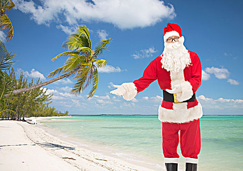 圣诞节,休假,手势,旅行,人,概念,男人,服饰,圣诞老人,上方,热带沙滩,背景