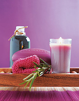 特写,紫色,水疗,肥皂,照亮,玻璃,蜡烛,迷迭香,叶子