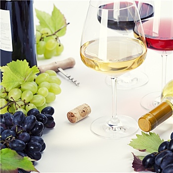 玻璃杯,白人,红色,玫瑰葡萄酒,葡萄