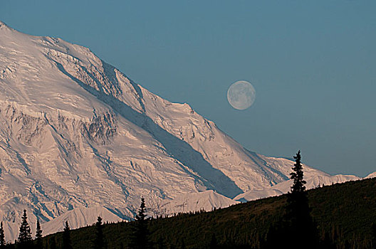 月出,上方,山,麦金利山,德纳里峰国家公园,保存,室内,阿拉斯加,夏天