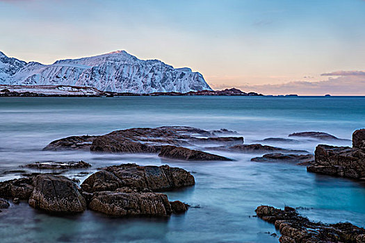 海滩,冬天,早晨,罗浮敦群岛,挪威,欧洲
