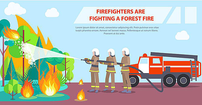 海报,消防员,争斗,森林火灾,铭刻,矢量,插画,勇敢,尝试,灭火,水,软管