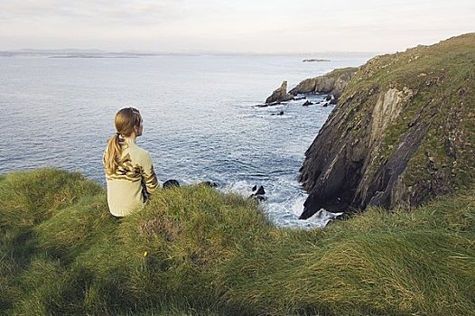 坐,女人,凯尔特,海洋,斗篷,清晰,岛屿,科克郡,爱尔兰