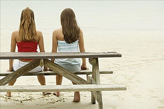 后视图,两个女孩,坐,长椅,海滩