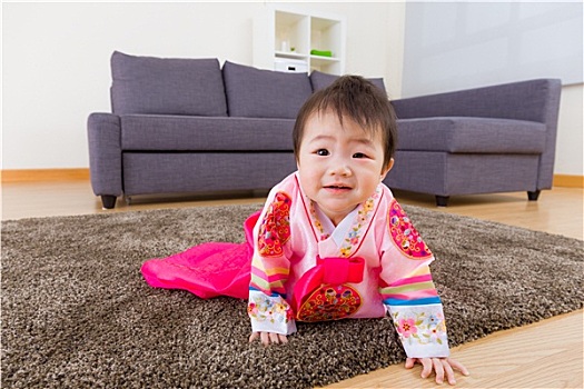 韩国人,婴儿,传统服装,爬行,地毯