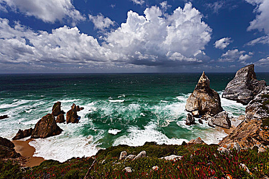 海滩,云,风暴,海洋,海岸,石头,悬崖,海浪,葡萄牙