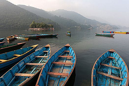 彩色,船,费瓦湖,湖,波卡拉,尼泊尔,亚洲