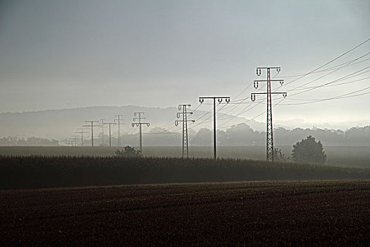 电力,高压电塔,早晨,雾气,斯瓦比亚,巴登符腾堡,德国,欧洲