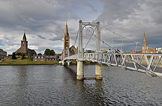 悬挂,步行桥,上方,河,因弗内斯,苏格兰,英国,欧洲