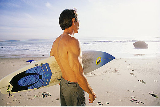 男人,海滩,冲浪板