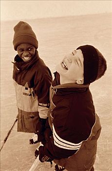 男孩,玩,冰球,冰湖