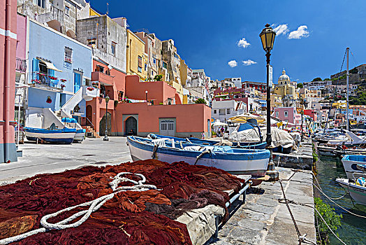 漂亮,渔村,彩色,房子,渔网,码头,普罗奇达,岛屿,那不勒斯湾,意大利