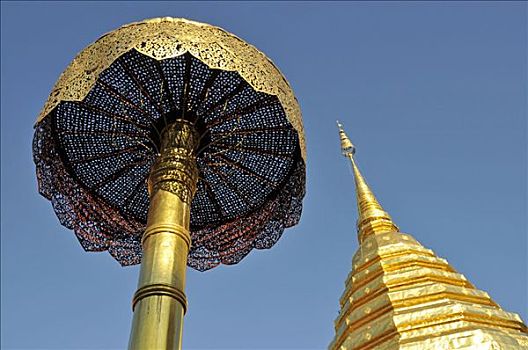 金色,塔,契迪,伞,象征,幸运,寺院,清迈,泰国,东南亚