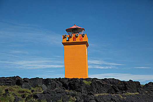冰岛,半岛,黄色,灯塔,黑色,悬崖,蓝天