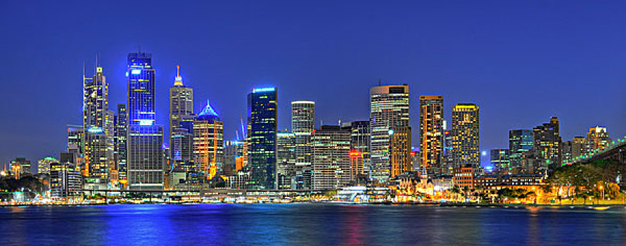 全景,悉尼,小湾,环形码头,港口,天际线,中央商务区,夜晚,新南威尔士,澳大利亚