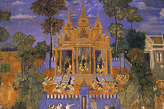 柬埔寨,金边,银,塔,壁画