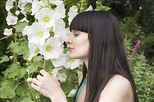 女人,嗅,花,花园