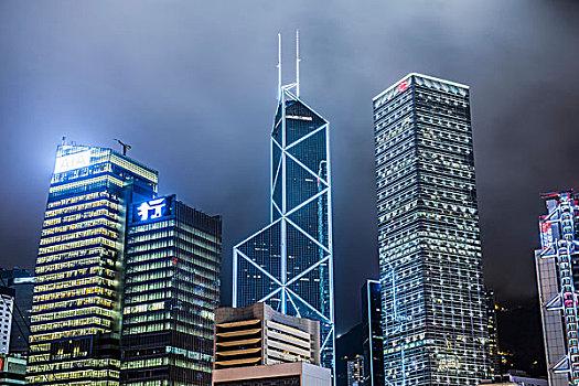 摩天大楼,夜晚,香港,中国