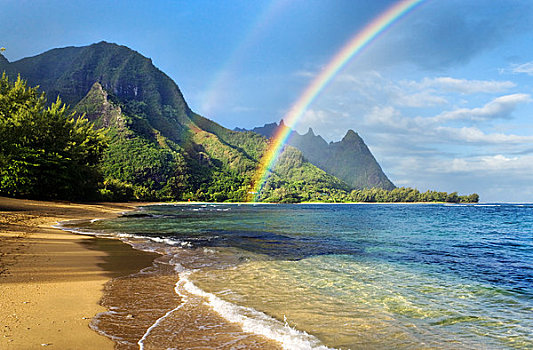 夏威夷,考艾岛,海耶纳,海滩,隧道,彩虹,上方,海岸线