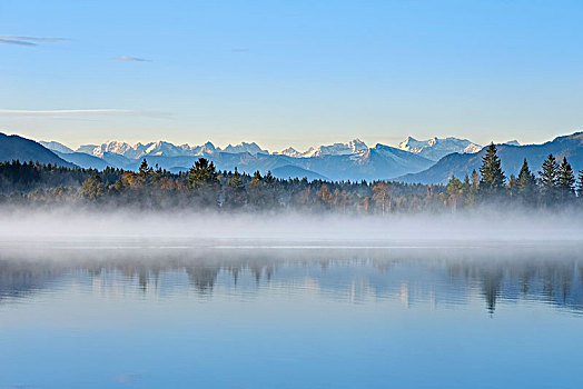 秋天,早晨,晨雾,靠近,阿尔卑斯山,全景,山,上巴伐利亚,巴伐利亚,德国,欧洲