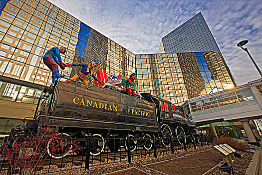 圣诞节,展示,蒸汽机车,户外,铁路,总部,建筑,卡尔加里,艾伯塔省,加拿大