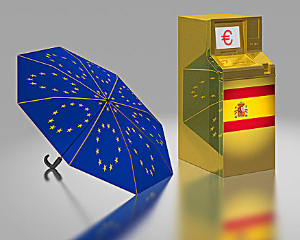 自动柜员机,西班牙,旗帜,旁侧,伞,星,欧盟,象征,图像,欧元,救助,包装,插画