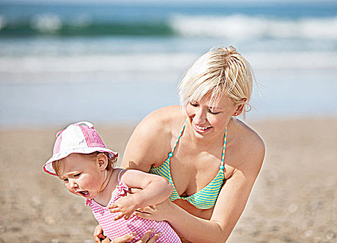 微笑,母亲,海滩,女儿