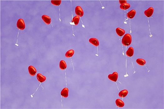 红色,心形,气球,空中,象征,喜爱