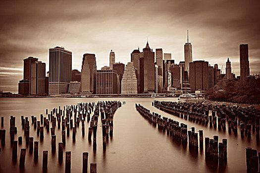 曼哈顿,金融区,摩天大楼,码头,上方,东河,黑白