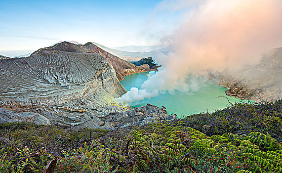 火山,火山口,火山湖,蒸汽,晨光,印度尼西亚,亚洲
