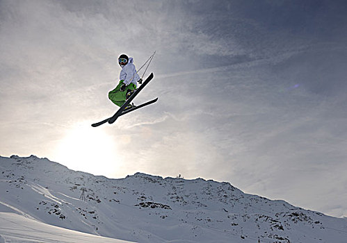 极限,自由式,跳台滑雪,男青年,山,雪中,公园,冬天