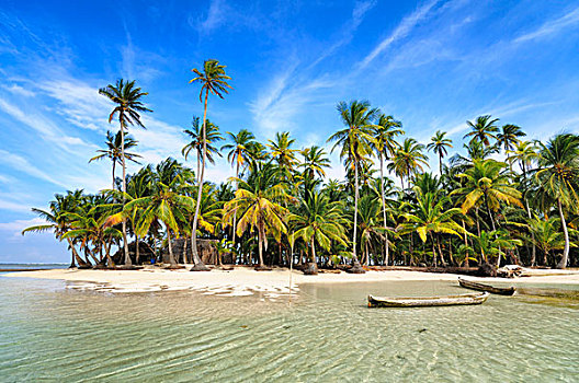 独木舟,船,空,海滩,棕榈树,热带海岛,圣布拉斯湾,岛屿,巴拿马,北美
