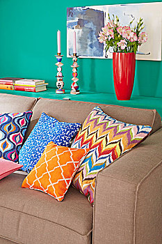 彩色,垫子,沙发,床,储物间,后面,绿色,架子