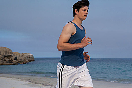 男人,慢跑,海滩,晴天,健壮