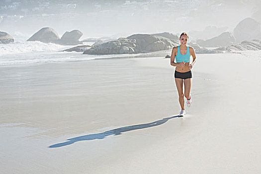 健身,女人,微笑,慢跑,海滩