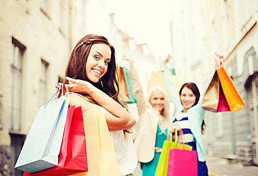 购物,旅游,概念,美女,女孩,购物袋,城市