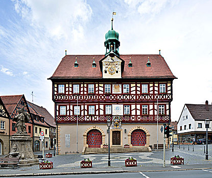 市政厅,半木结构,建筑,巴特施塔夫斯坦,上弗兰科尼亚,巴伐利亚,德国,欧洲