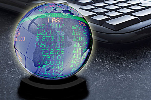 电脑键盘,水晶球,展示,世界,股票,象征,全球,投资