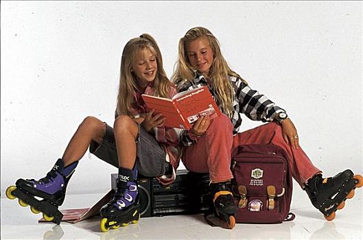 青少年,女孩,直排轮滑,小背包,家庭作业