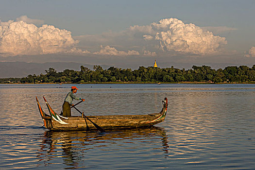 乌本桥,柚木,桨手,湖,曼德勒,缅甸