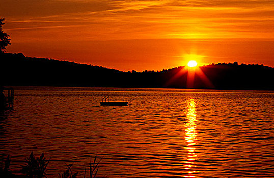日落,上方,湖
