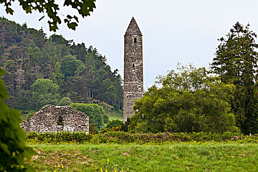 遗址,建筑,圆塔,6世纪,场所,格兰达洛,威克洛郡,爱尔兰