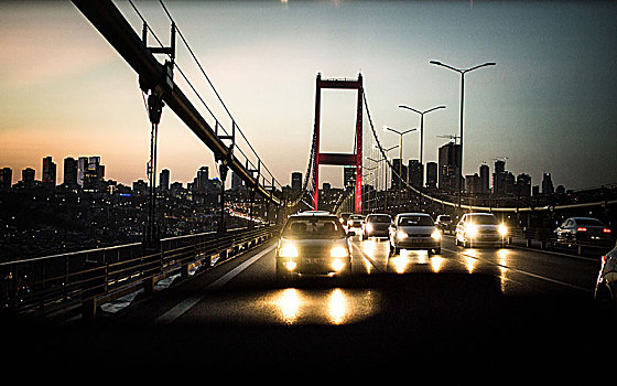 博斯普鲁斯海峡,桥,伊斯坦布尔,土耳其,黃昏,汽车,交通