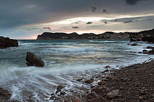 海浪,海滩,晚间,马略卡岛,巴利阿里群岛,西班牙,欧洲