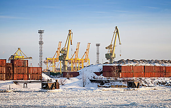 货物,港口,冬天,货箱,杆,起重机,彼得斯堡,俄罗斯