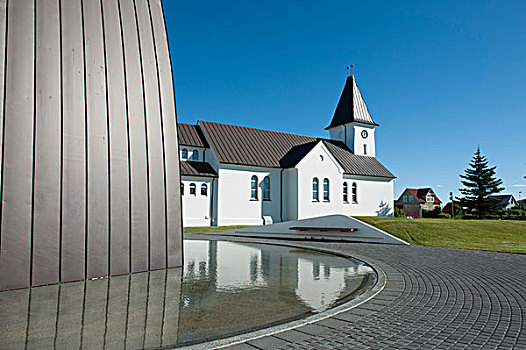 教堂,反射,水,冰岛,斯堪的纳维亚,北欧,欧洲