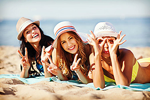 暑假,度假,女孩,日光浴,海滩