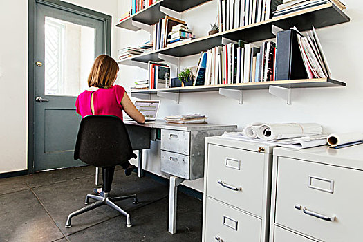坐,女人,书桌,办公室,工作,笔记本电脑