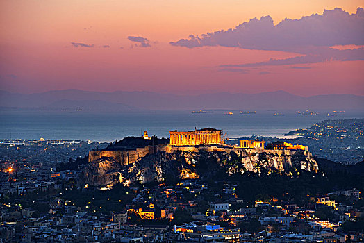 雅典,天际线,日落,山