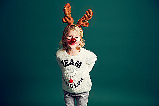 女孩,头像,穿,圣诞节,驯鹿,鹿角,红色,鼻子